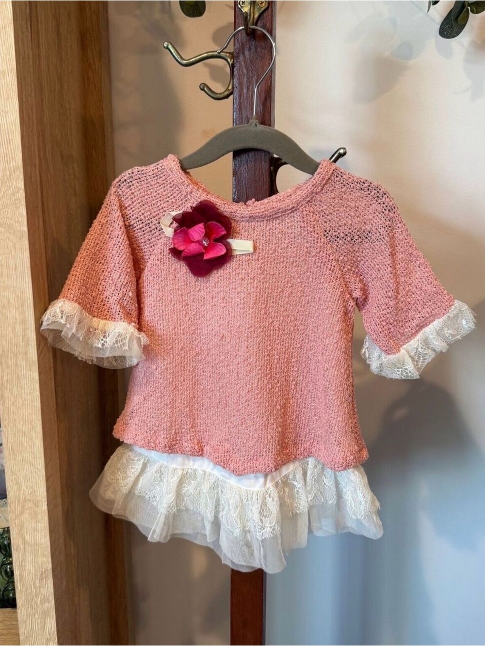 Rare Editions Pink Knit Dress with Lace Ruffle Trim for Toddler Girls 24M